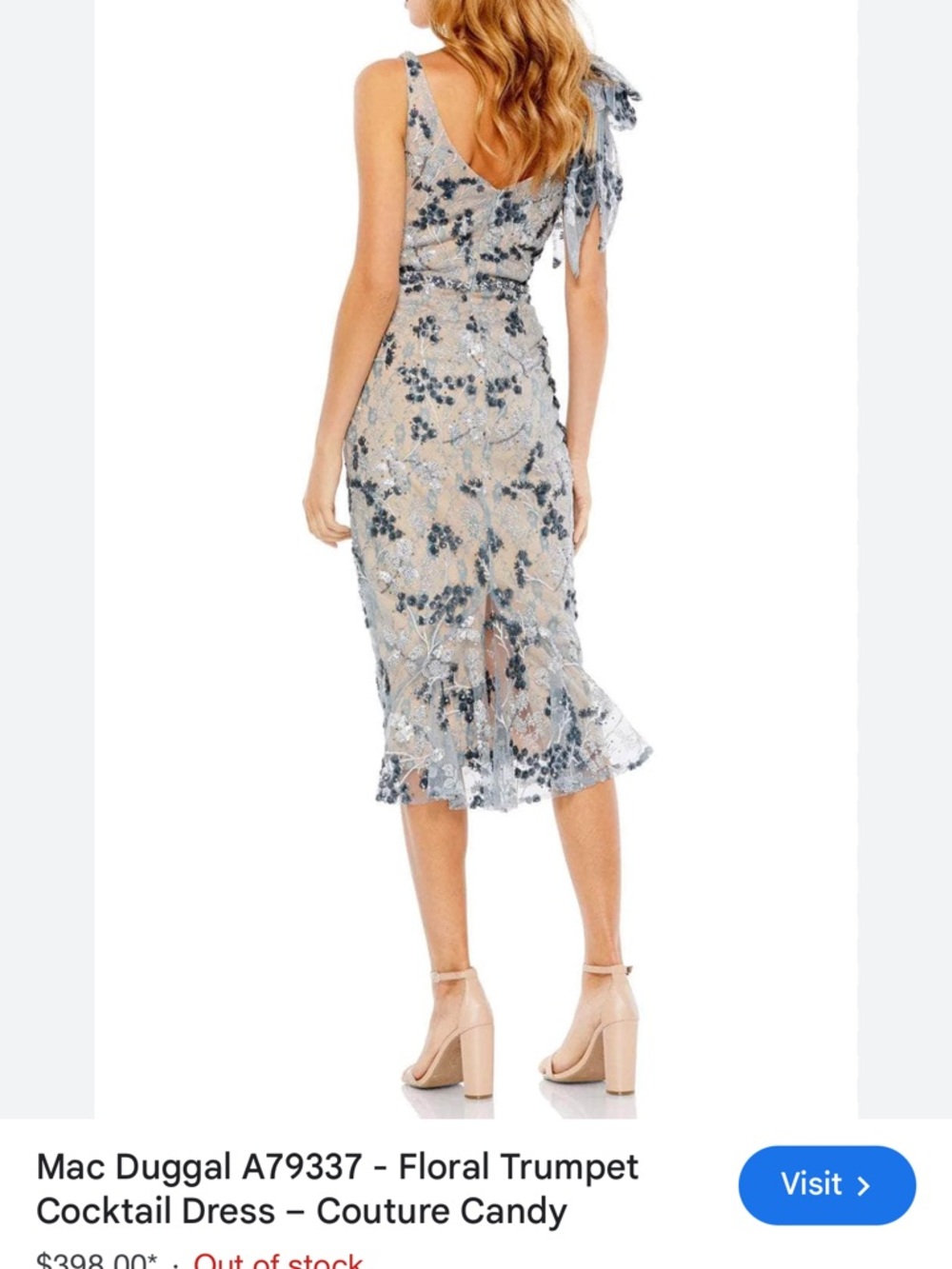 Mac Duggal Nude Midi Dress with Blue Floral Lace and Shoulder Bow Accent - Picture 6 of 9